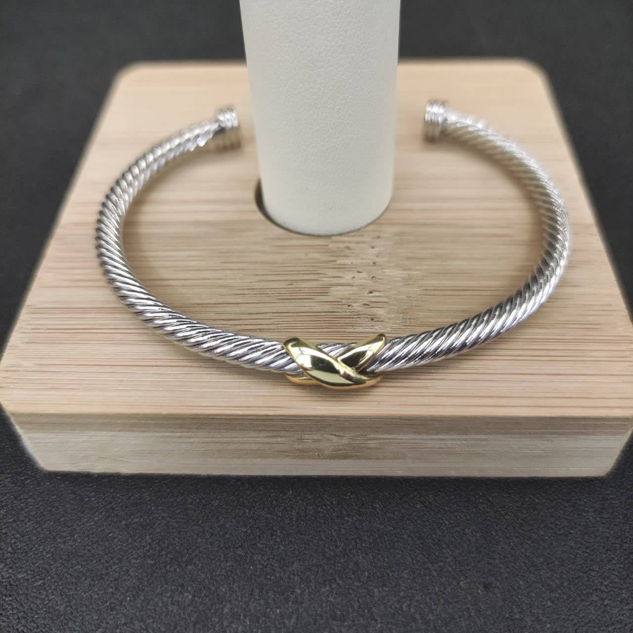 David Yurman Silver Cable Wire Bangle Bracelet with Gold Accents